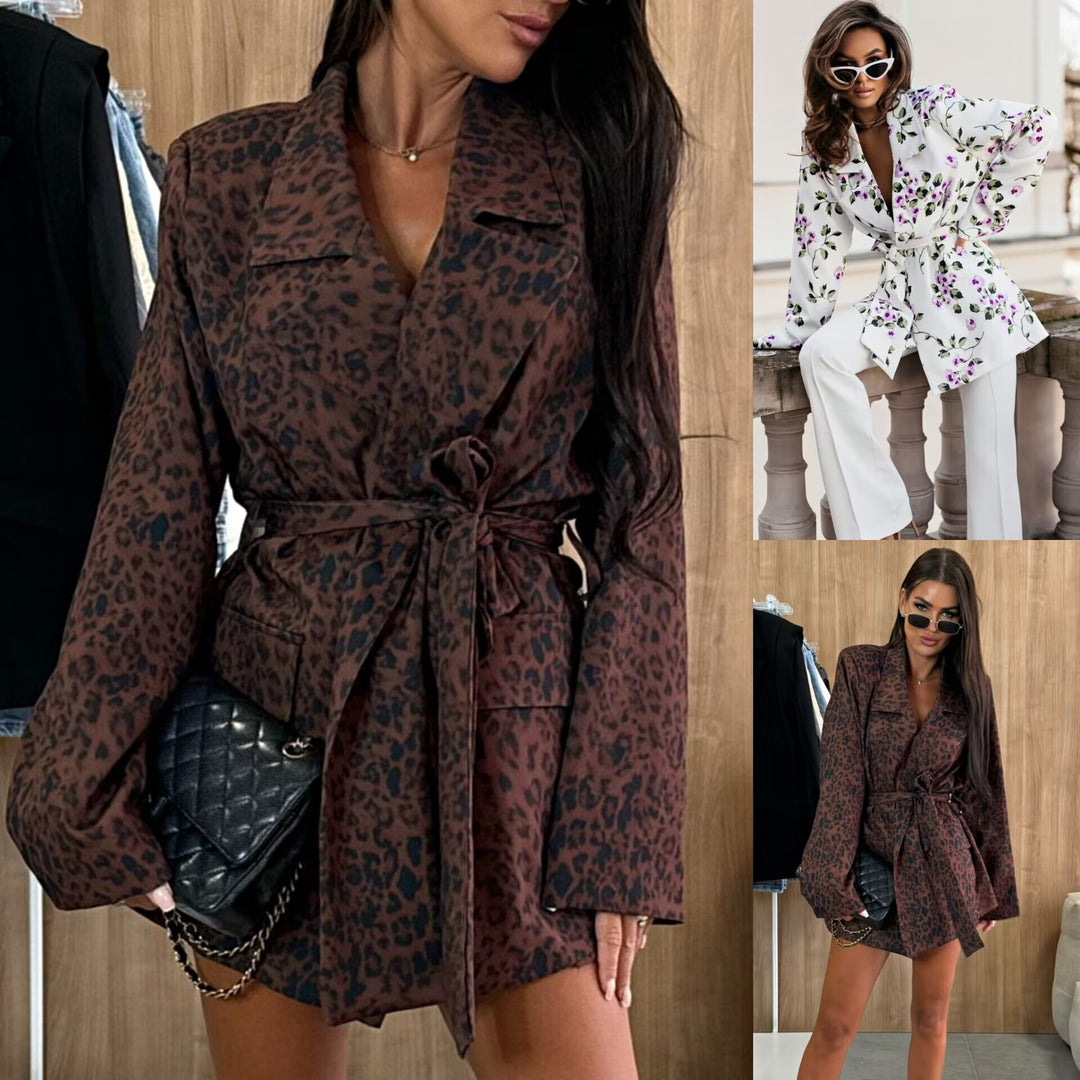 Women’s tailored blazer dress with leopard print and tie belt Mune Fashion