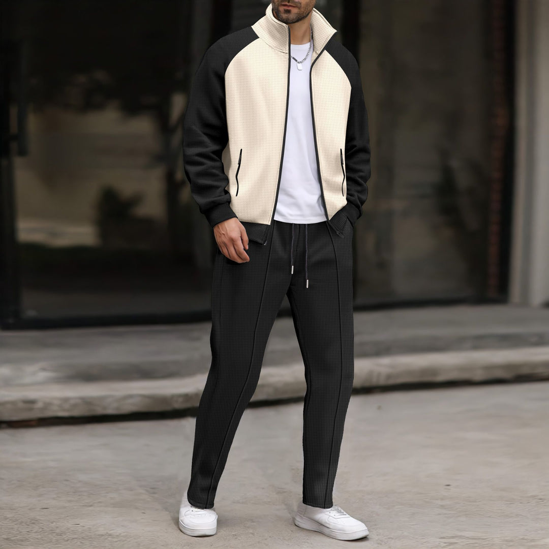 Men's Two-Tone Sports Training Jacket with Waffle Structure Stand Collar Raglan Sleeves and Hidden Zipper Pockets Mune Fashion