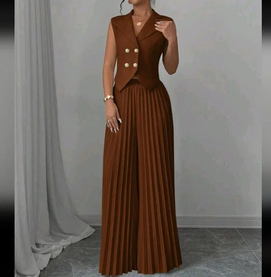 Women's Sleeveless Vest Blazer Top with Lapel and Pleated Palazzo Pants Two-Piece Evening Set Mune Fashion