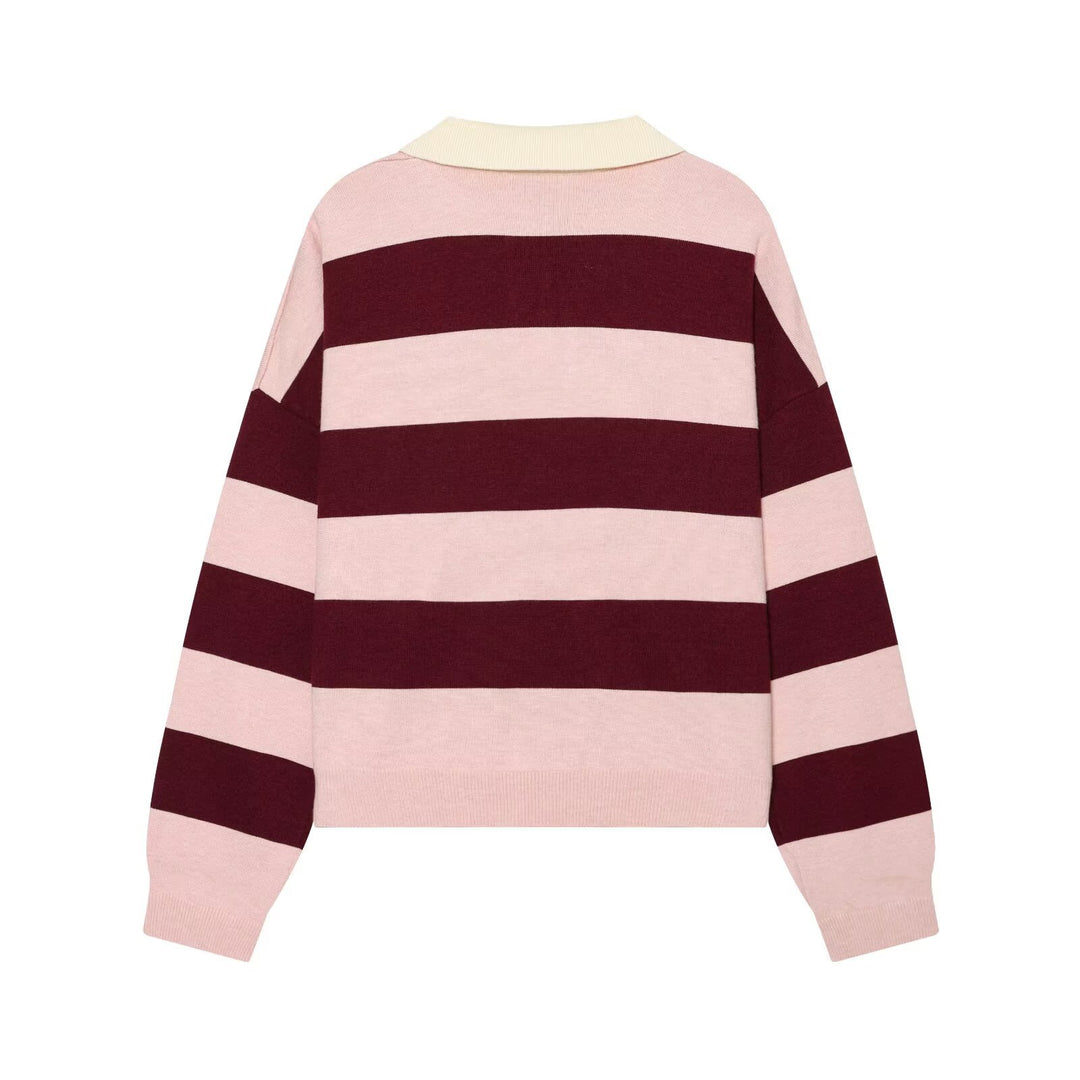 Women Oversized Rugby Sweater with Polo Collar and Wide Block Stripes Mune Fashion