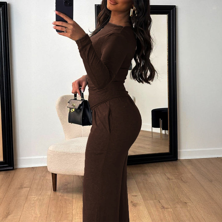 Women's two-piece jersey set with asymmetric wrap look, long-sleeve top, and wide high-waist pants Mune Fashion