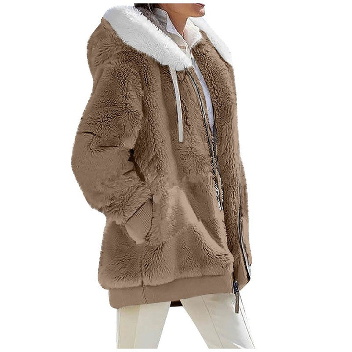 Ladies Cozy Teddy Hoodie Jacket with Contrast Trim, Zipper and Insert Pockets Mune Fashion