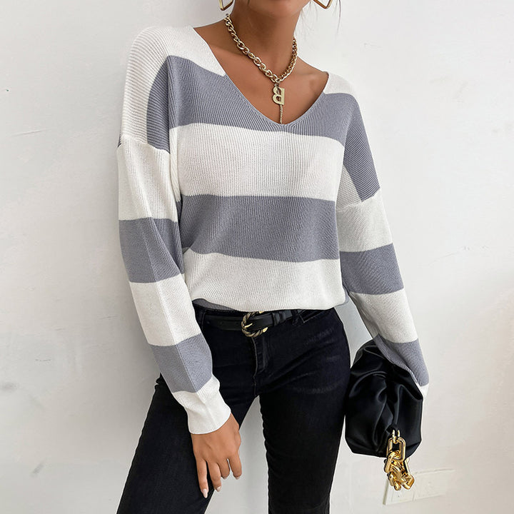 Women's Casual V-Neck Knitted Sweater with Wide Stripes Mune Fashion