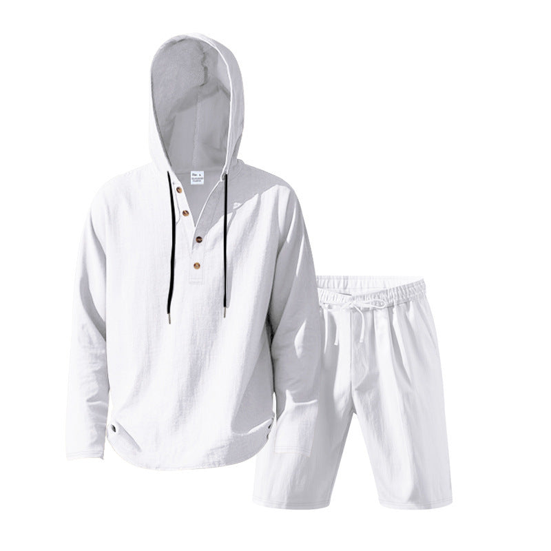 Men's Hoodie Henley Loungewear Set with Linen Look, Drawstring and Elastic Tunnel Shorts Mune Fashion