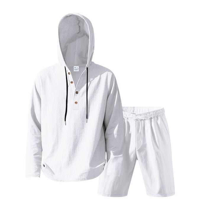 Men's Hoodie Henley Loungewear Set with Linen Look, Drawstring and Elastic Tunnel Shorts Mune Fashion