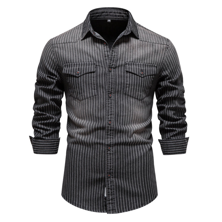 Men's tailored long-sleeve denim shirt with pinstripes and patch pockets Mune Fashion