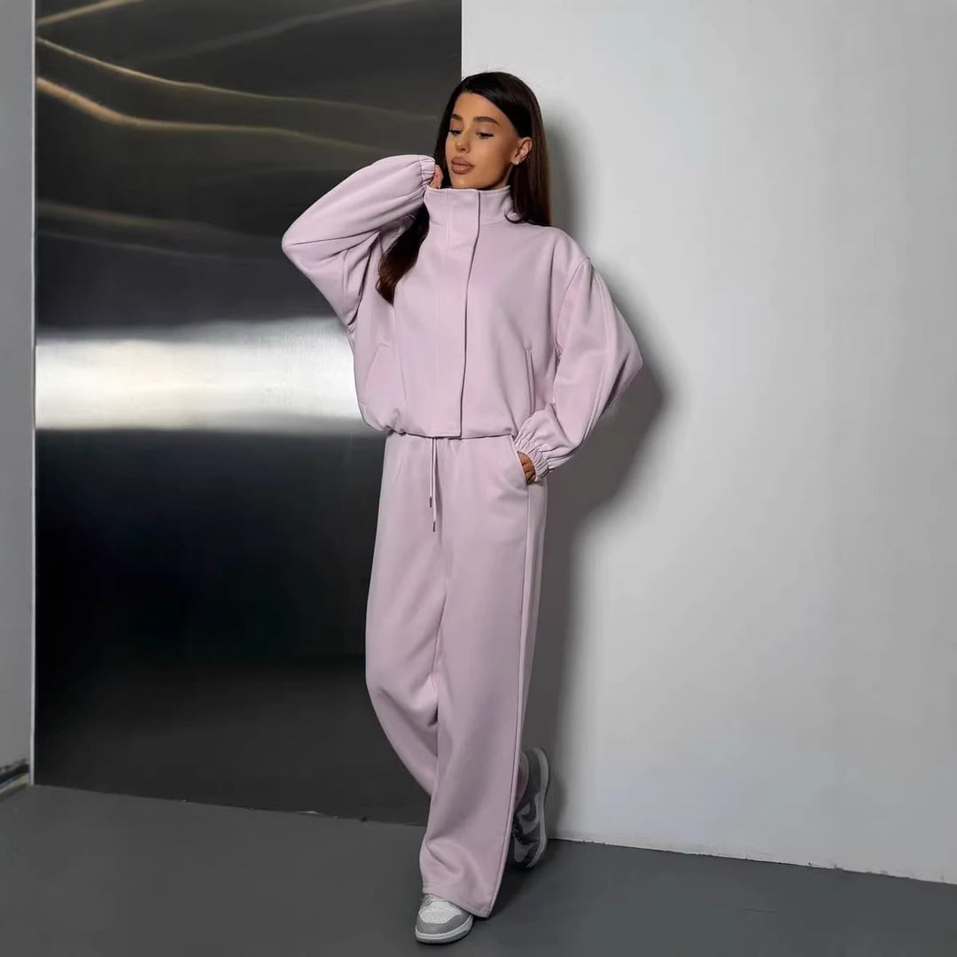 Women cropped zip hoodie with stand-up collar and high-cut cord jogging pants Mune Fashion