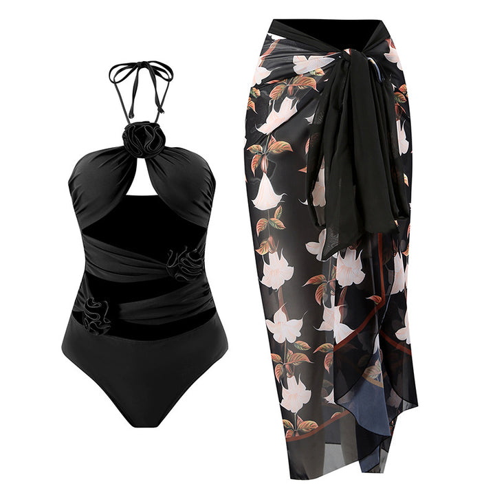 Ladies' one-piece swimsuit with floral details and transparent insert Mune Fashion