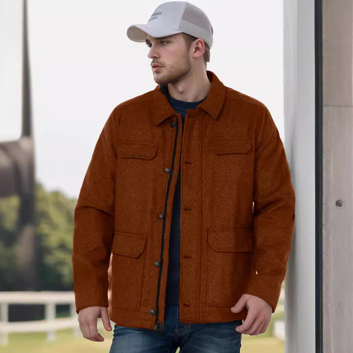 Men's Wool Field Jacket with Four Flap Pockets and Shirt Collar Mune Fashion