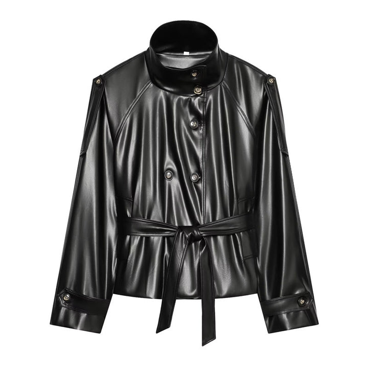 Women tailored faux leather jacket with stand-up collar, tie belt and double-breasted button placket Mune Fashion