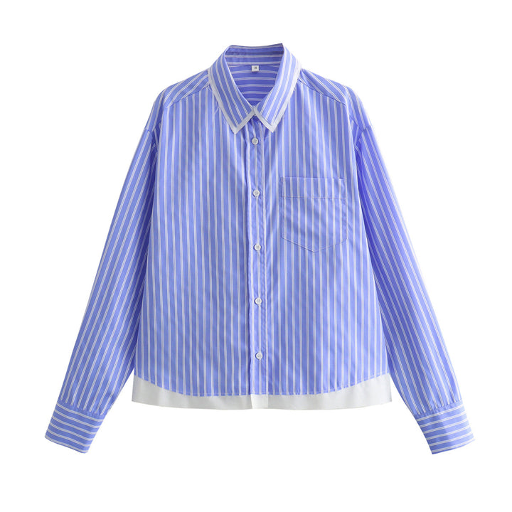 Women's oversized shirt blouse with button-down collar, chest pocket, and contrasting hem Mune Fashion