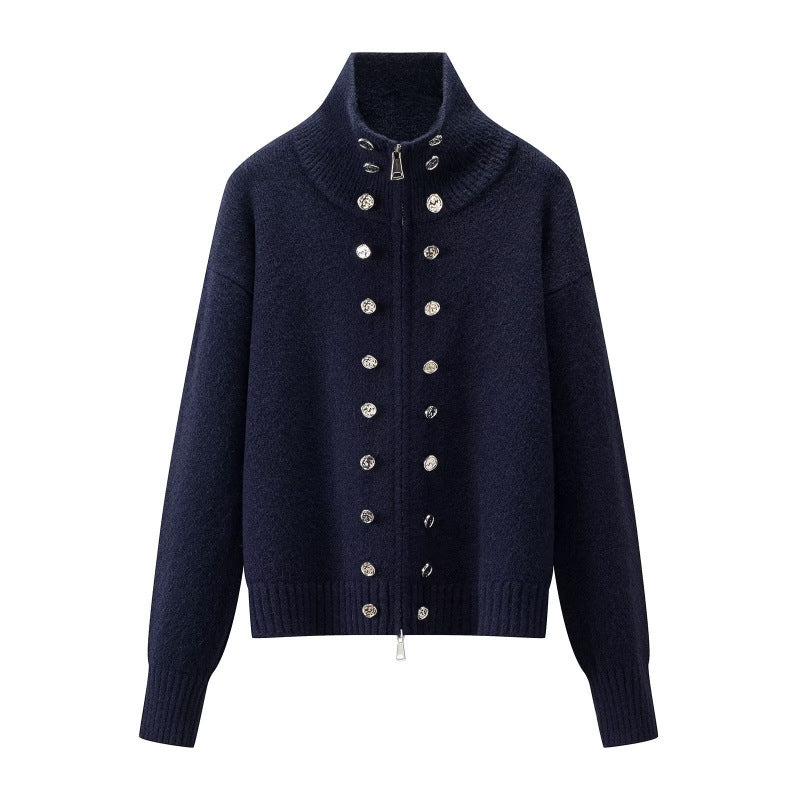 Women's Cropped Cardigan with High Standing Collar, Decorative Button Placket and Double Zipper Mune Fashion