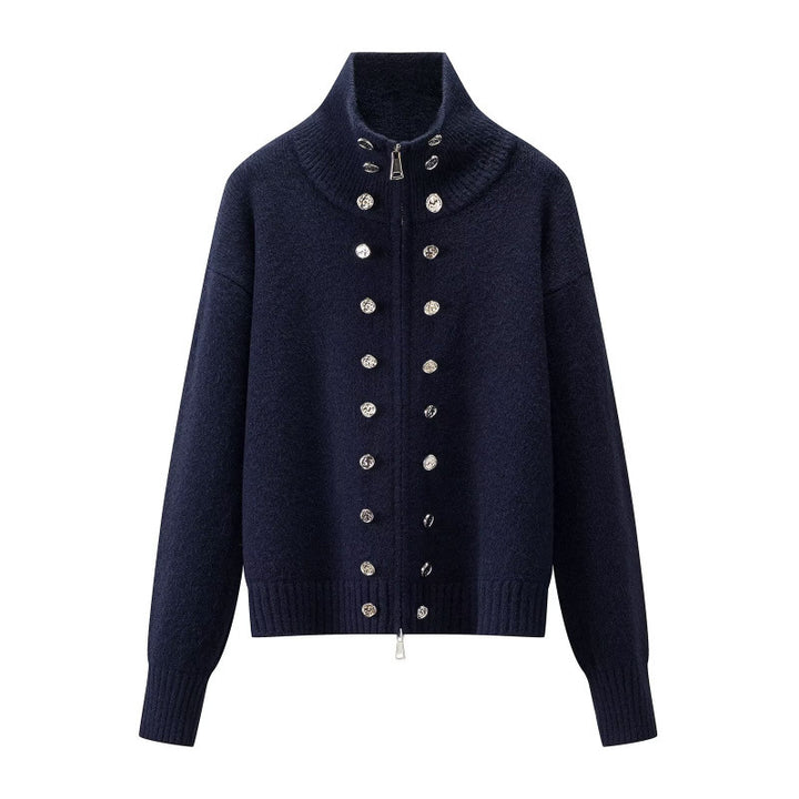 Women's Cropped Cardigan with High Standing Collar, Decorative Button Placket and Double Zipper Mune Fashion