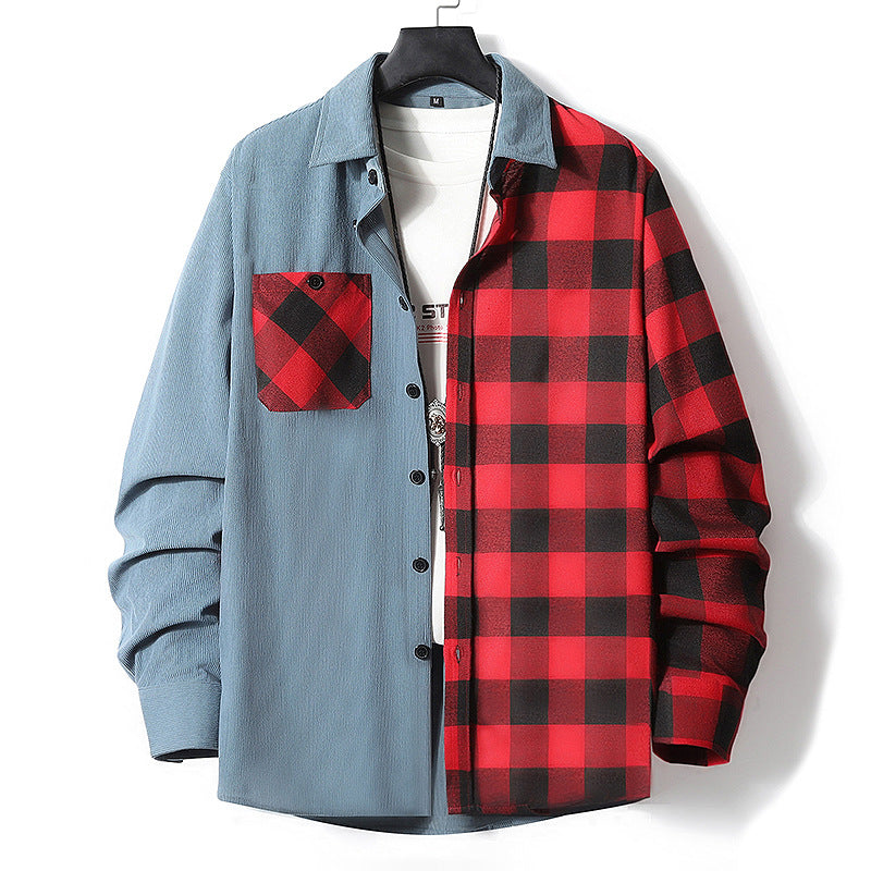 Men's Half-Split Overshirt in Lumberjack Check with Contrasting Solid Side, Chest Pocket, and Continuous Button Placket Mune Fashion
