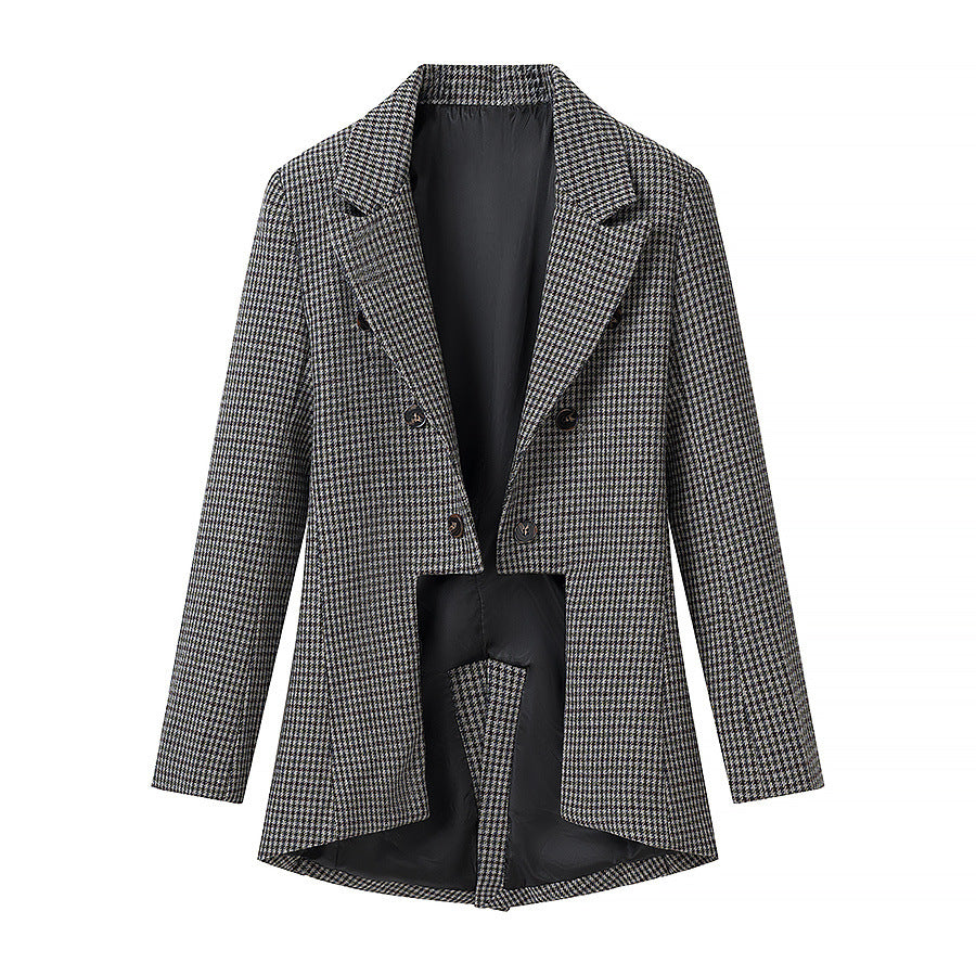 Women's Double-Breasted Houndstooth Blazer with Asymmetrical Tail Hem Mune Fashion