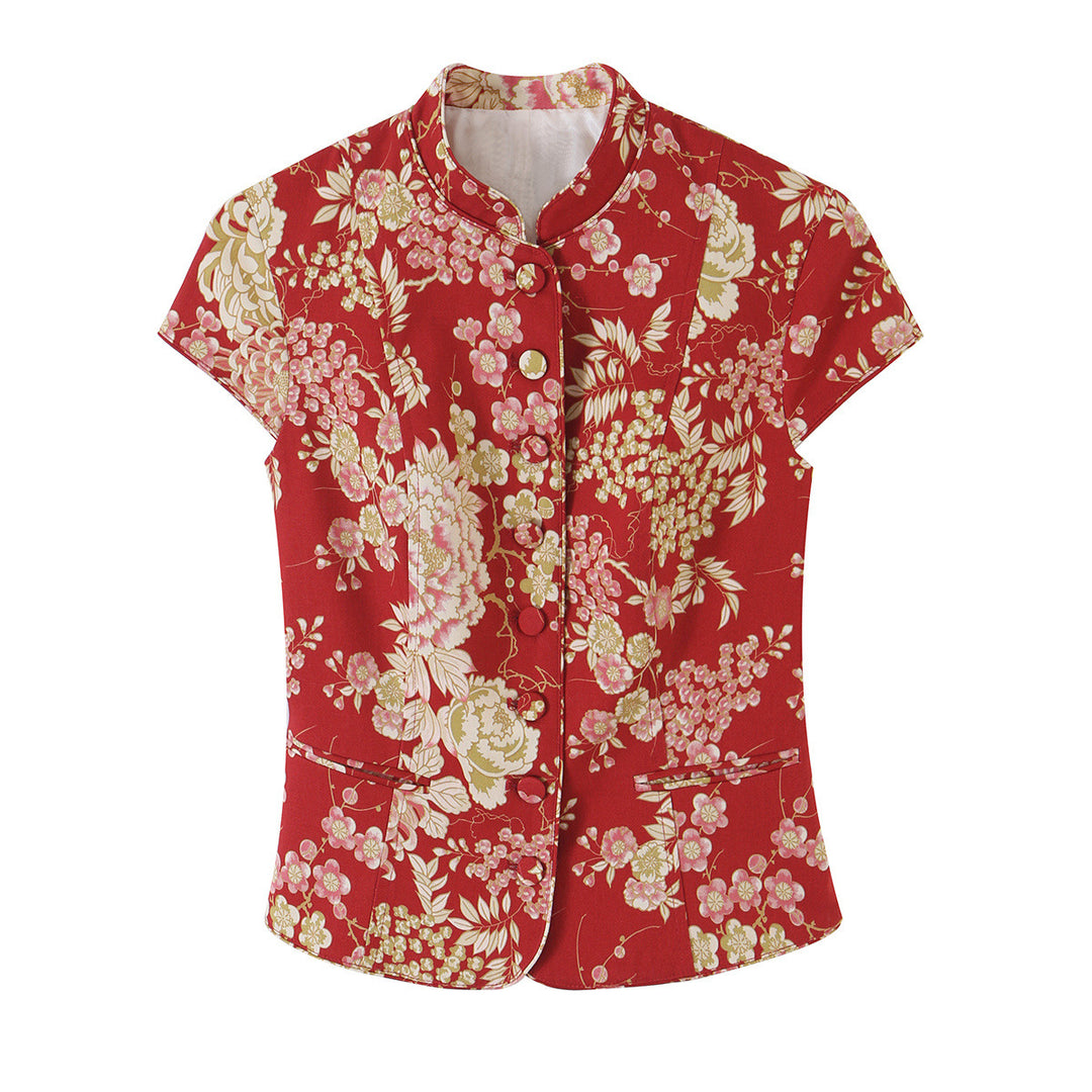Women's fitted blouse jacket with stand-up collar and floral jacquard look Mune Fashion