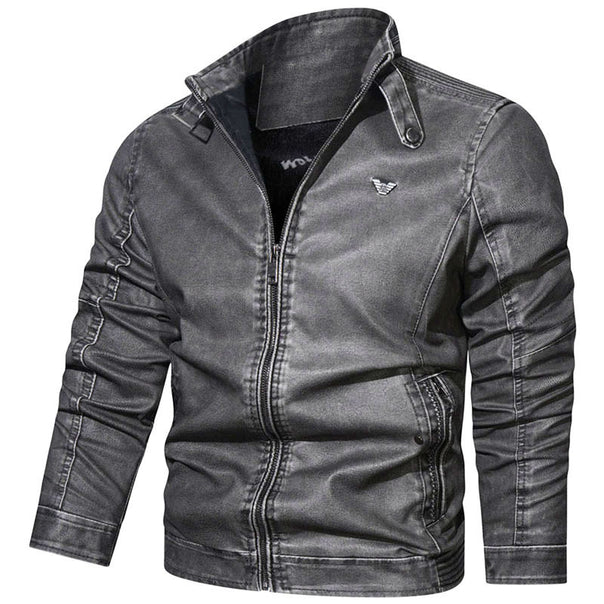 Men's Slim-Fit Pilot Style Denim Jacket with Stand Collar, Sleeve Gatherings and Zipper Pockets Mune Fashion