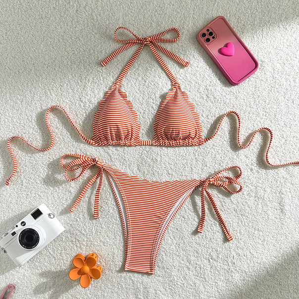 Women's triangle bikini with playful ruffle design and tie straps