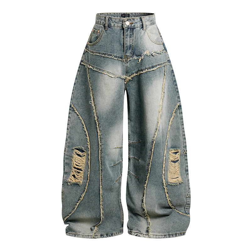 Women's High-Waisted Wide-Cut Destroy Jeans with Fringe Seam Details Mune Fashion