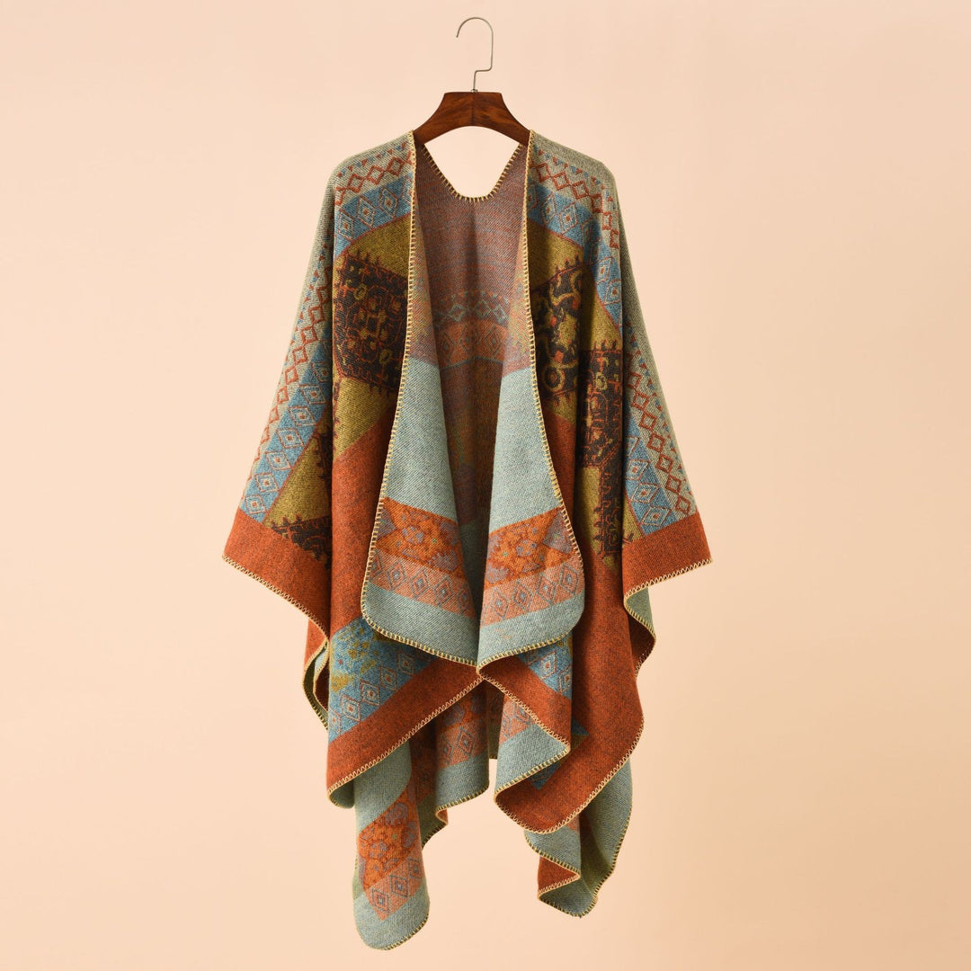 Women's jacquard poncho in blanket style with open front and decorative stitch Mune Fashion