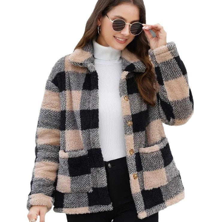Ladies non-padded checkered teddy fleece shacket with button placket and patch pockets Mune Fashion