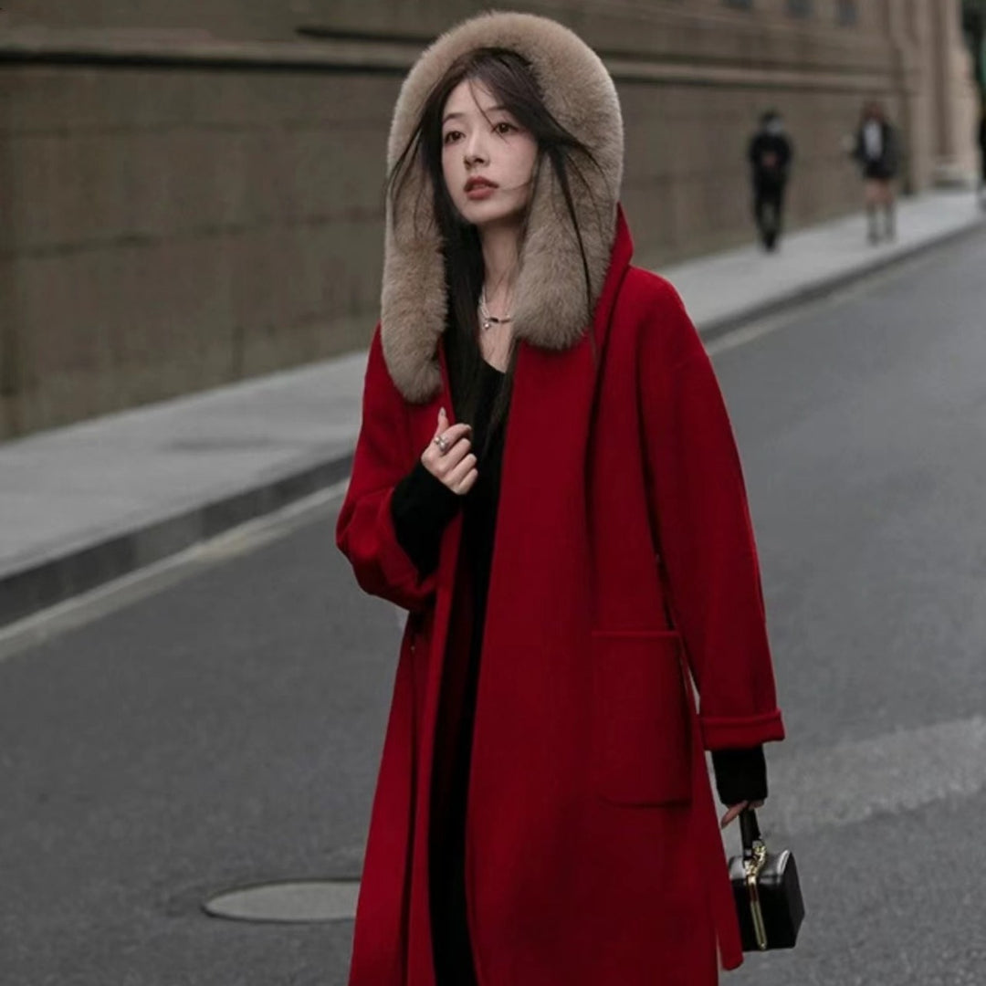Women's Long Wool Coat with Removable Faux Fur Collar and Tailored Fit Mune Fashion