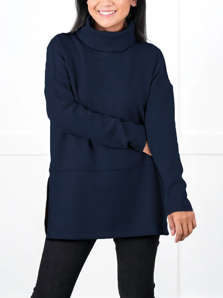 Women's Oversize Sweat Tunic with High Roll Neck, Side Slits and Extended Hem Mune Fashion