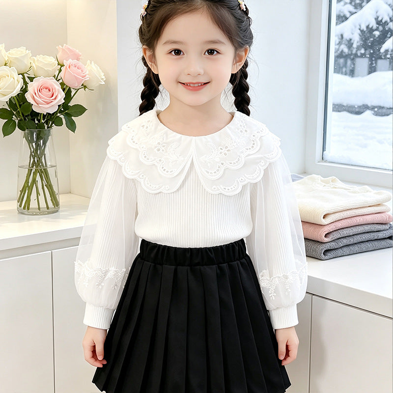 Girl blouse with lace collar and transparent sleeves Mune Fashion