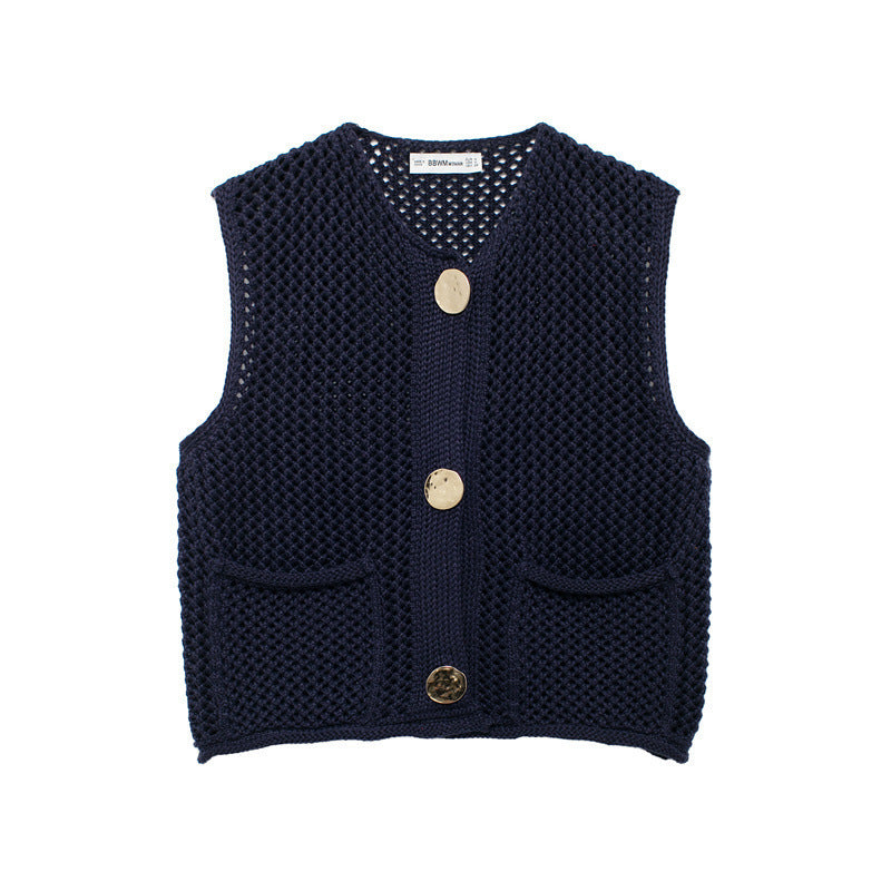 Women's crochet knit vest with large decorative buttons and patch pockets Mune Fashion