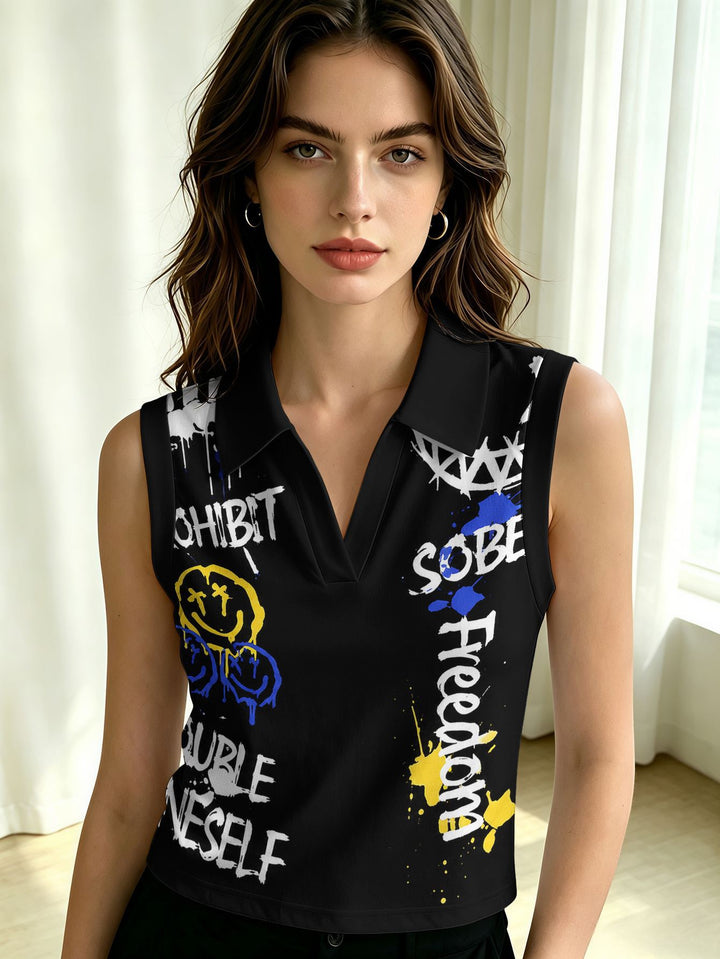 Women's sleeveless polo shirt crop top with V-neck, classic collar, and patriotic print Mune Fashion