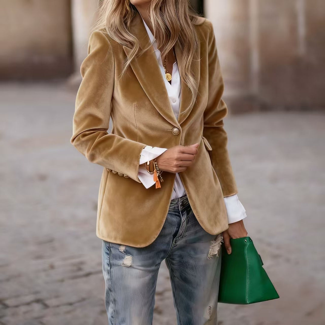 Women's Tailored Velvet Blazer with Notched Lapels and Decorative Buttons Drune