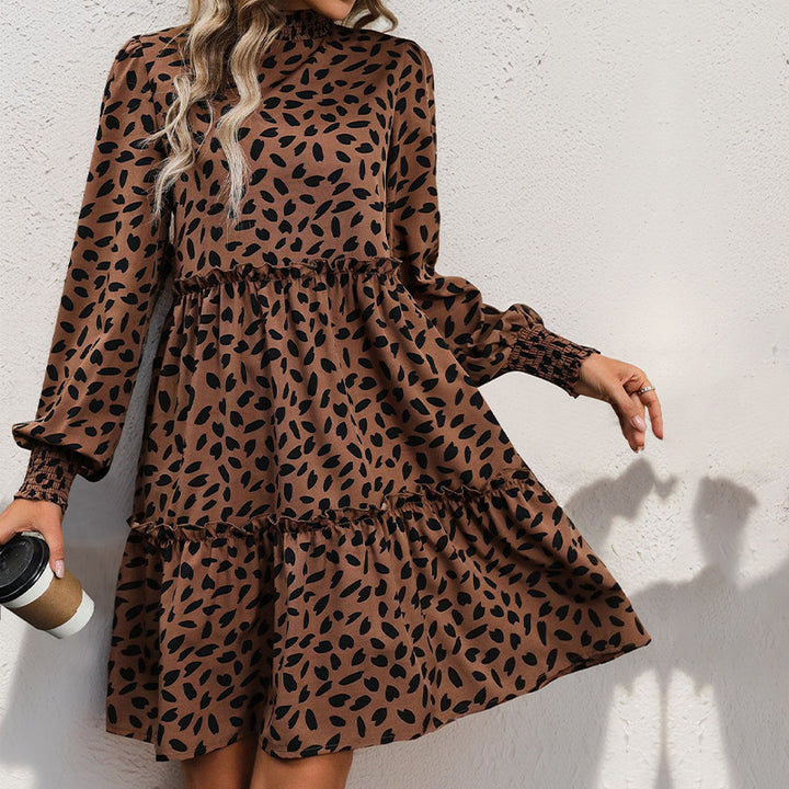 Women Loose Tiered Mini Dress with Smocked Collar, Ruffle Seam and Long Sleeves Mune Fashion