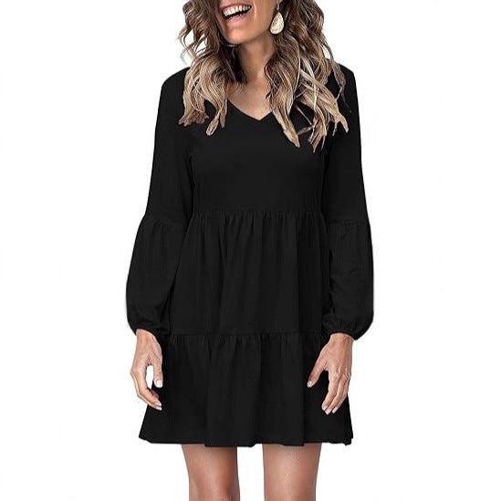 Women's Tiered Mini Dress with V-Neck and Balloon Sleeves Mune Fashion