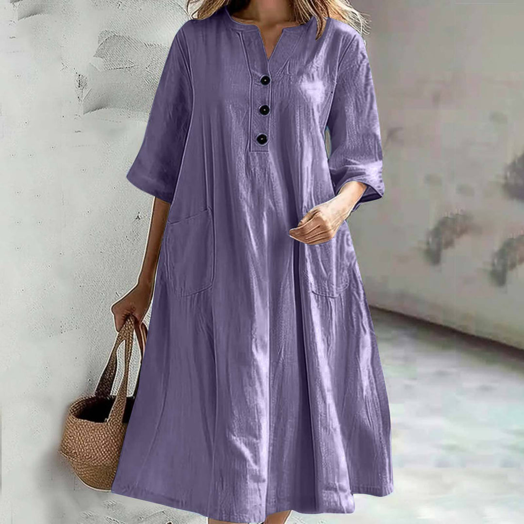 Women's casual falling A-line dress with V-neck button placket, 3/4 sleeves and patch pockets Mune Fashion