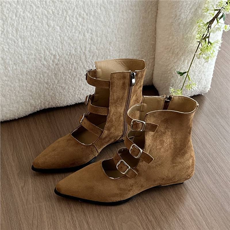 Ladies pointed toe ankle boots with velour look, four adjustable straps and low heel Mune Fashion