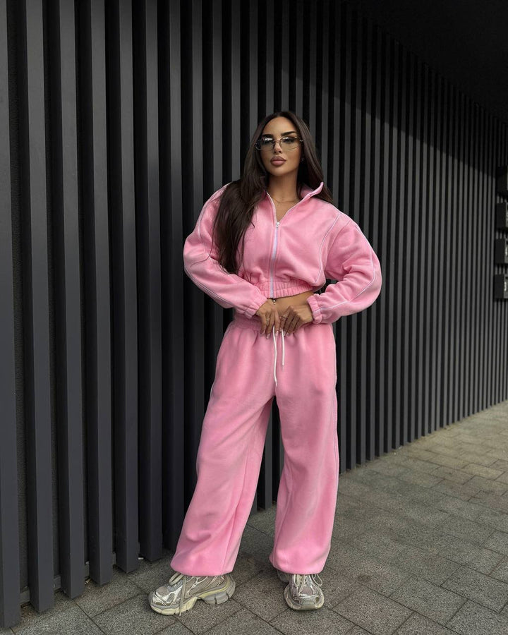 Women's Cropped Zip Fleece Set with Tailored Drawstring and Wide Pant Leg Mune Fashion