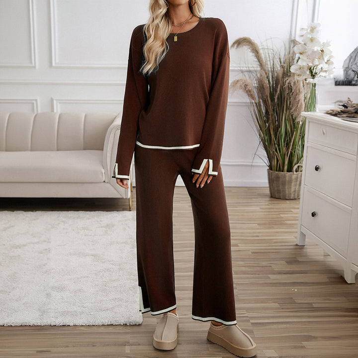 Women's relaxed lounge set with soft round neckline, contrasting piping, and wide palazzo pants Mune Fashion