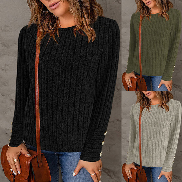 Ladies Ribbed Fine Knit Sweater with Round Neckline and Decorative Button Cuffs Mune Fashion