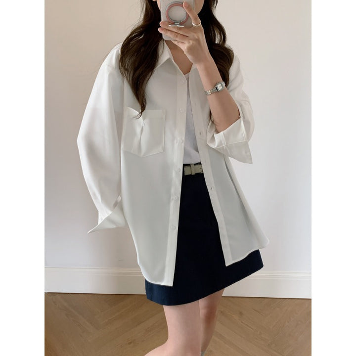 Women Oversized Shirt Blouse made of Flowing Material with Breast Pocket Mune Fashion