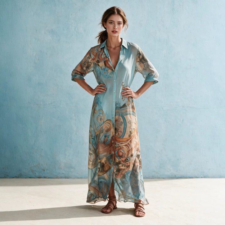 Women's Shirt Dress Maxi Dress in Flowing Silk Look with Artistic Allover Print and 3/4 Sleeves Mune Fashion
