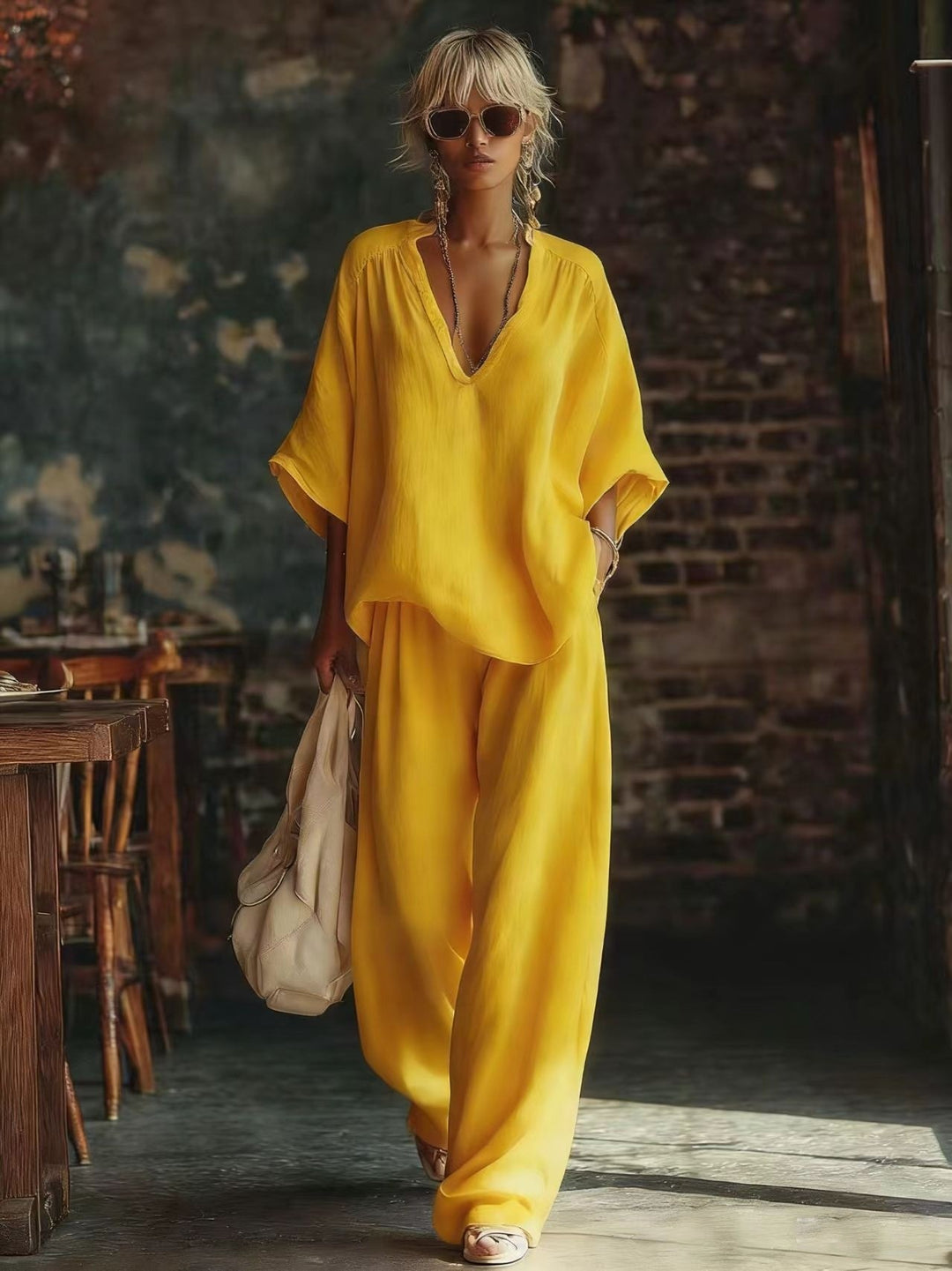Women's casual two-piece linen-look set with deep V-neck, oversized blouse and wide palazzo pants Mune Fashion