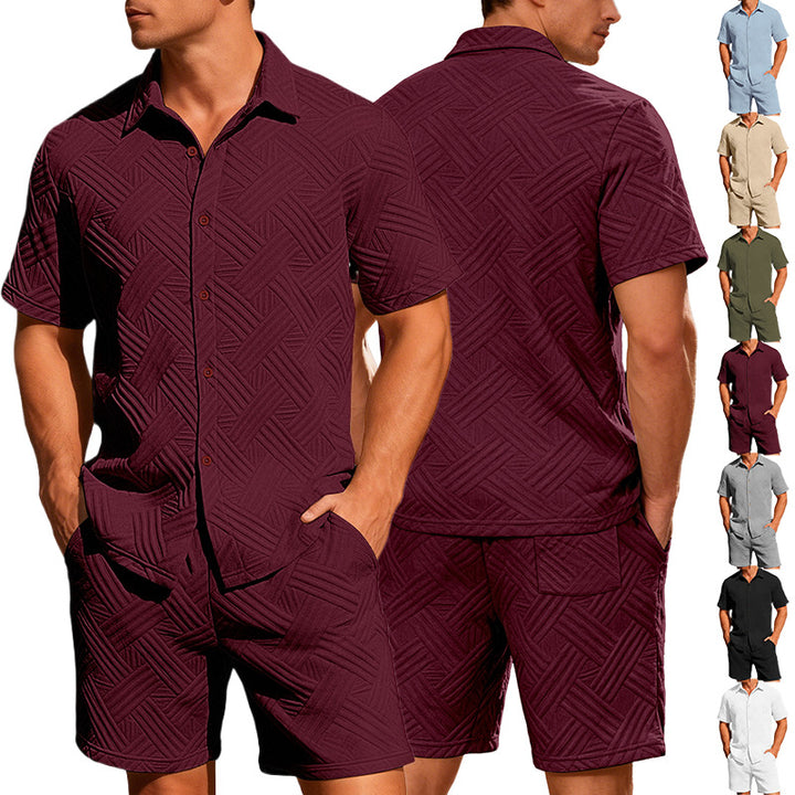 Men's lightweight short-sleeve shirt and Bermuda two-piece set with embossed woven texture and drawstring waistband Mune Fashion