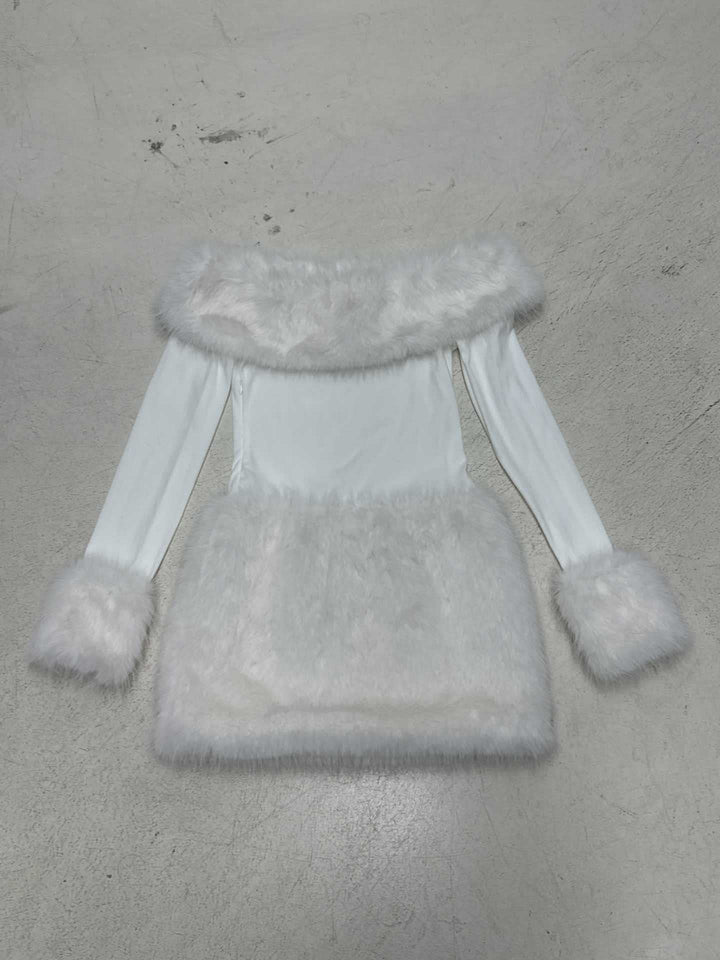 Women's figure-hugging off-shoulder mini dress with long sleeves and luxurious faux fur trim Mune Fashion