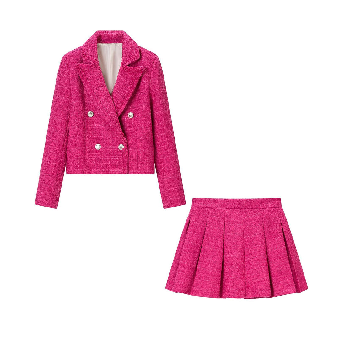 Women's Two-Piece Tweed Set with Short Blazer and Pleated Mini Skirt Mune Fashion