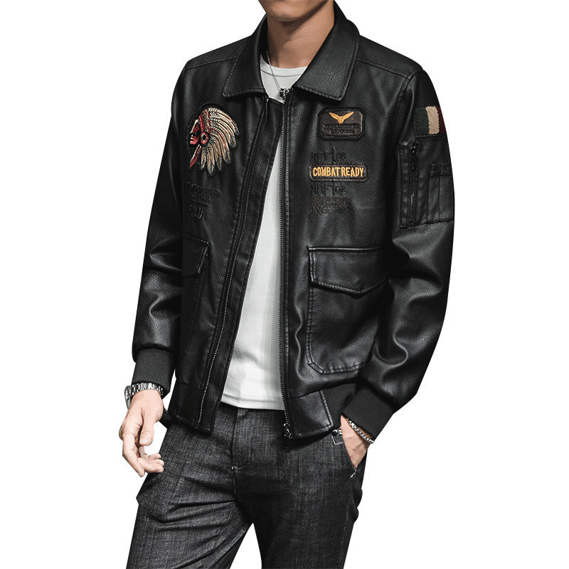 Men's bomber jacket in pilot look made of faux leather with applied patches and multifunctional pockets Mune Fashion