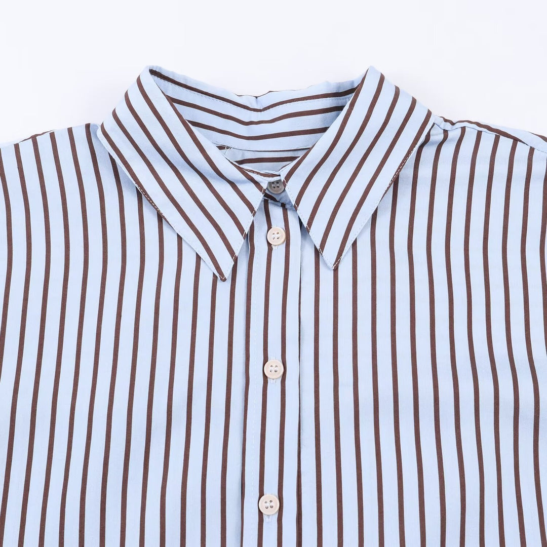 Women’s Oversize Striped Shirt Blouse with Kent Collar, Continuous Button Placket and Long Cuff Mune Fashion