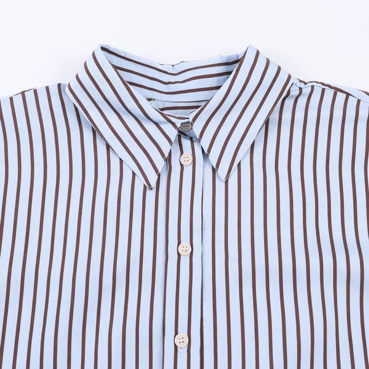 Women’s Oversize Striped Shirt Blouse with Kent Collar, Continuous Button Placket and Long Cuff Mune Fashion