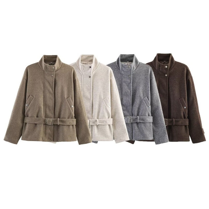 Women's Tailored Wool Blend Short Coat with Stand-up Collar and Tie Belt Mune Fashion
