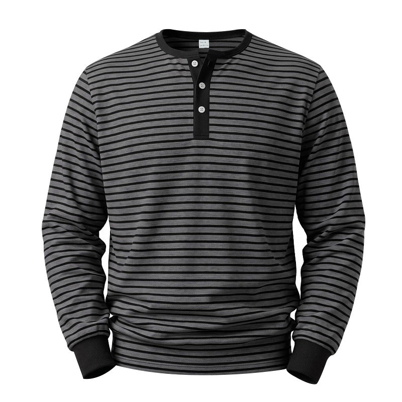 Men's Long Sleeve Henley Shirt made of Cotton Mix with Fine Stripes and Button Placket Mune Fashion