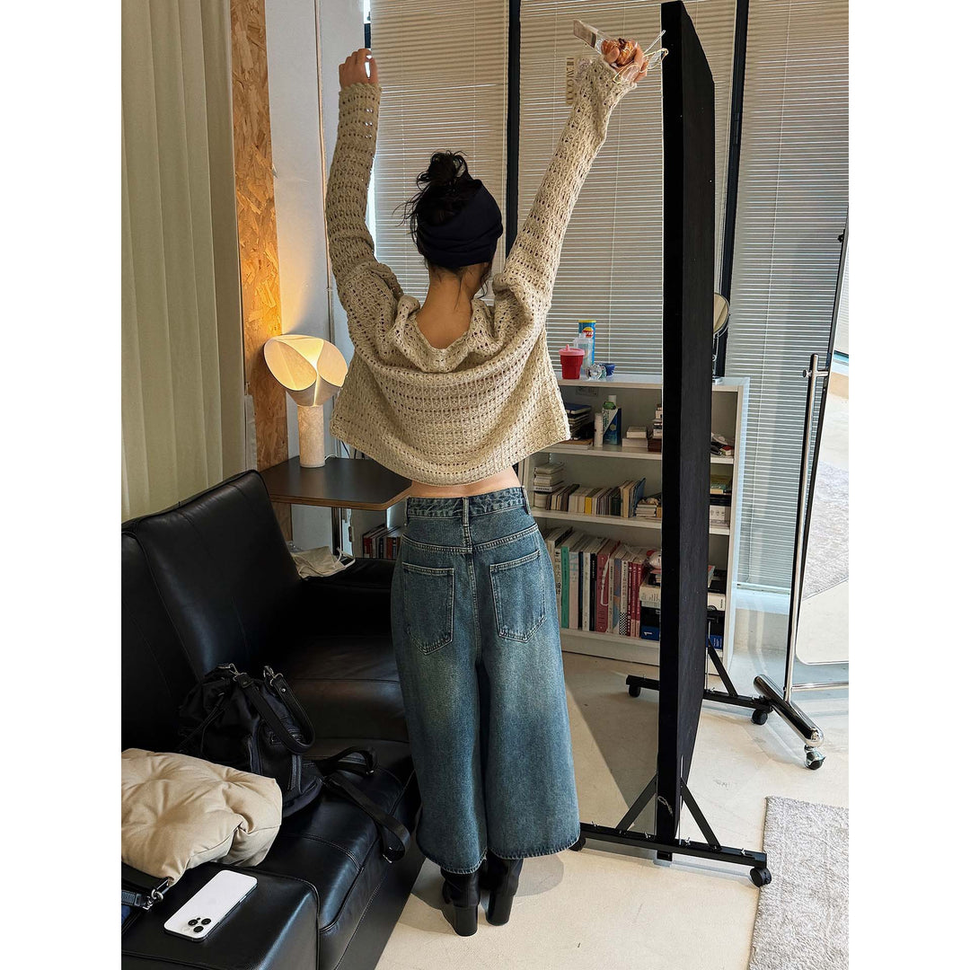 Women's Crocheted Oversized Openwork Sweater with Boat Neck Mune Fashion